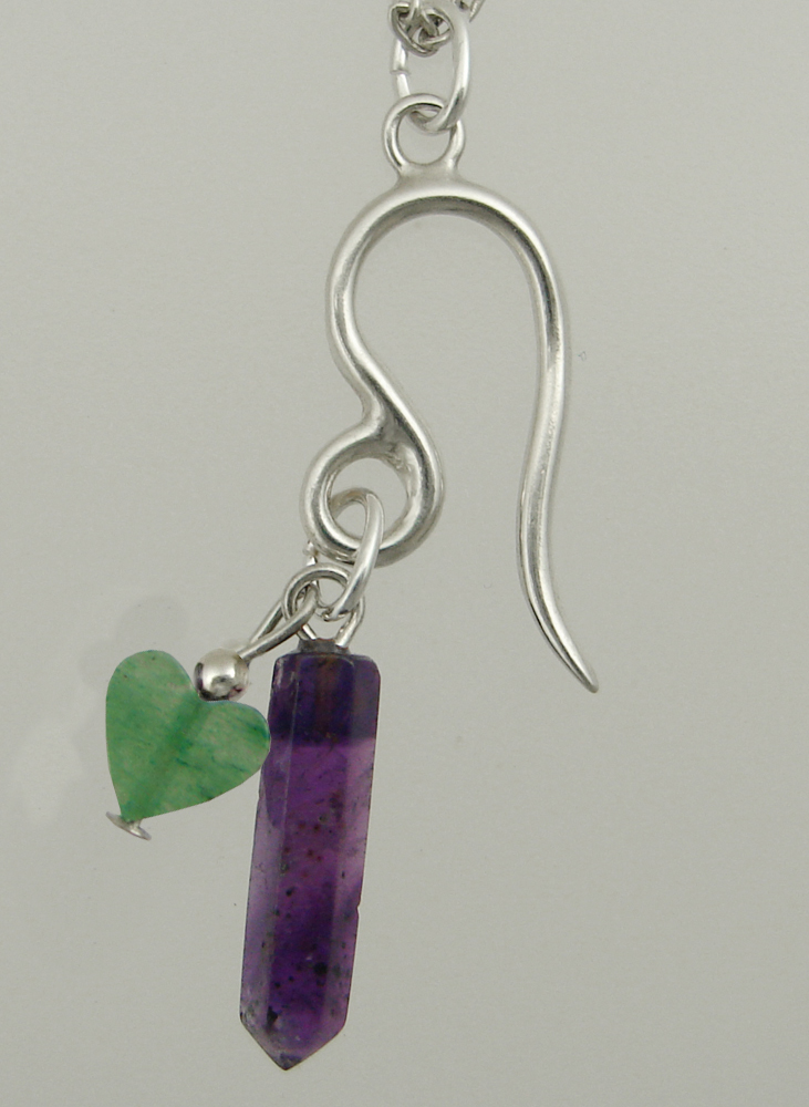 Sterling Silver Leo Pendant Necklace With an Amethyst Crystal And Green Heart